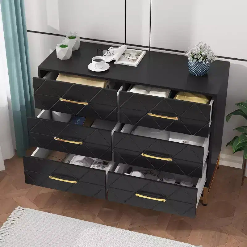 6 Drawer Dresser for Bedroom, Wooden Double Dresser with Gold Handles, Modern Chest Dresser with Deep Drawers for Living Room, Hallway 6