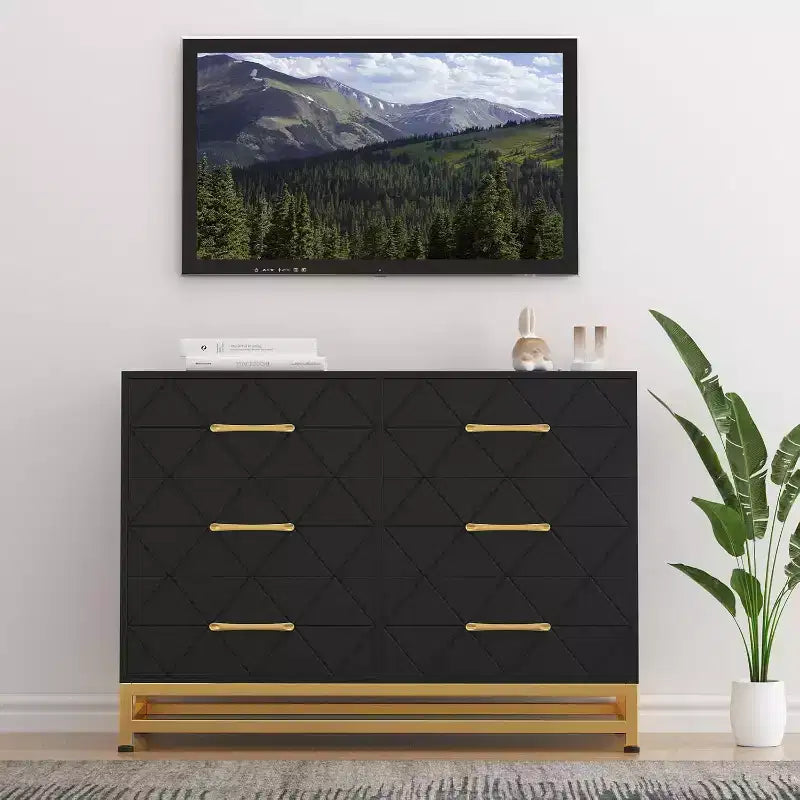 6 Drawer Dresser for Bedroom, Wooden Double Dresser with Gold Handles, Modern Chest Dresser with Deep Drawers for Living Room, Hallway 7
