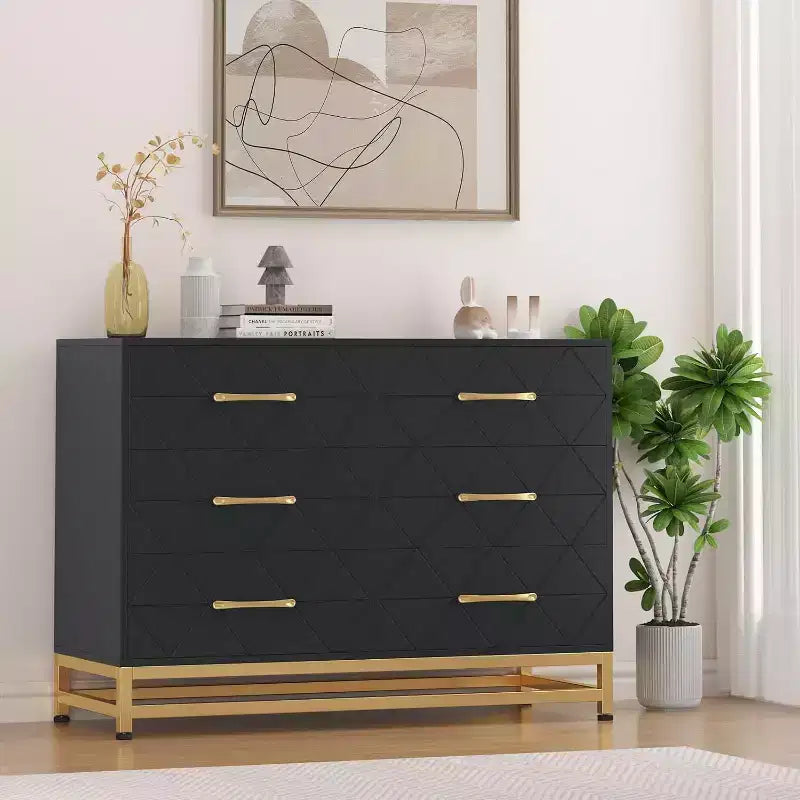 6 Drawer Dresser for Bedroom, Wooden Double Dresser with Gold Handles, Modern Chest Dresser with Deep Drawers for Living Room, Hallway