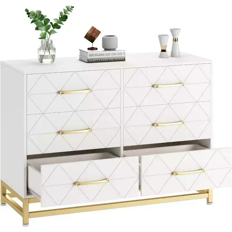 6 Drawer Dresser for Bedroom, Wooden Double Dresser with Gold Handles, Modern Chest Dresser with Deep Drawers for Living Room, Hallway 16