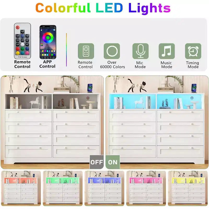 8 Drawer Dresser with Charging Station and LED Lights, Modern Chest of Drawers with Power Outlet, Organizer Cabinet for Bedroom, Living Room 11