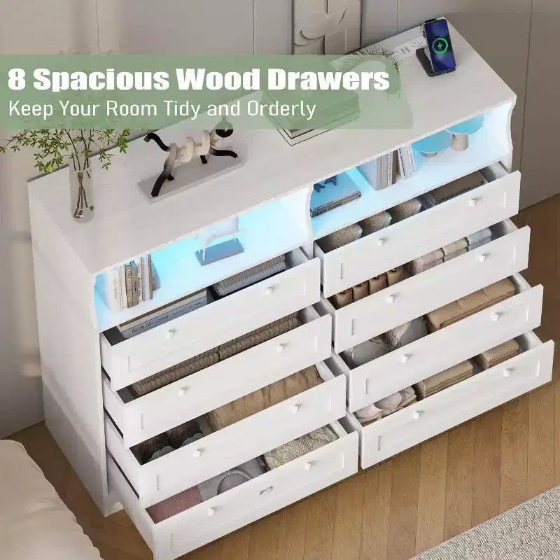 8 Drawer Dresser with Charging Station and LED Lights, Modern Chest of Drawers with Power Outlet, Organizer Cabinet for Bedroom, Living Room 12