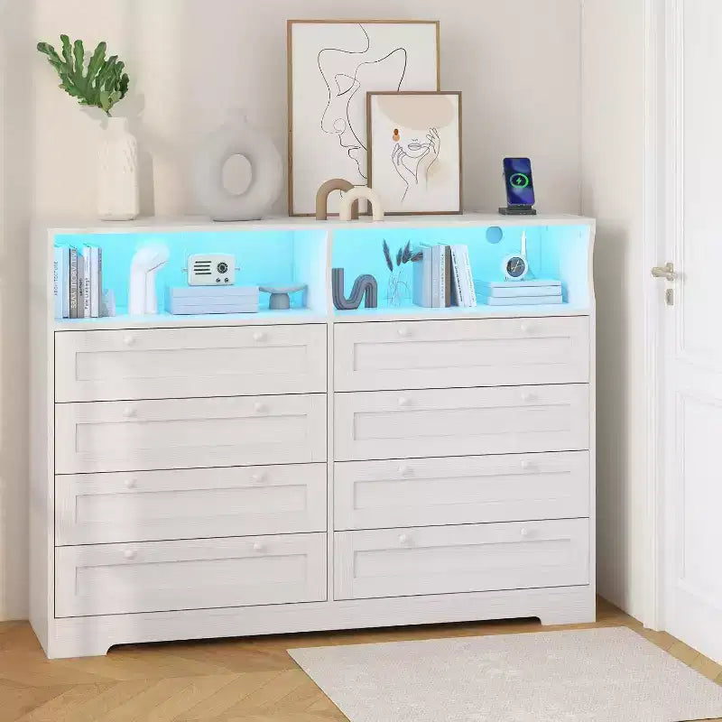 8 Drawer Dresser with Charging Station and LED Lights, Modern Chest of Drawers with Power Outlet, Organizer Cabinet for Bedroom, Living Room 13