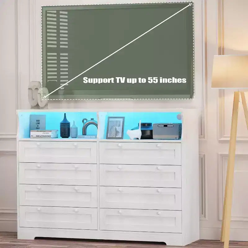 8 Drawer Dresser with Charging Station and LED Lights, Modern Chest of Drawers with Power Outlet, Organizer Cabinet for Bedroom, Living Room 15