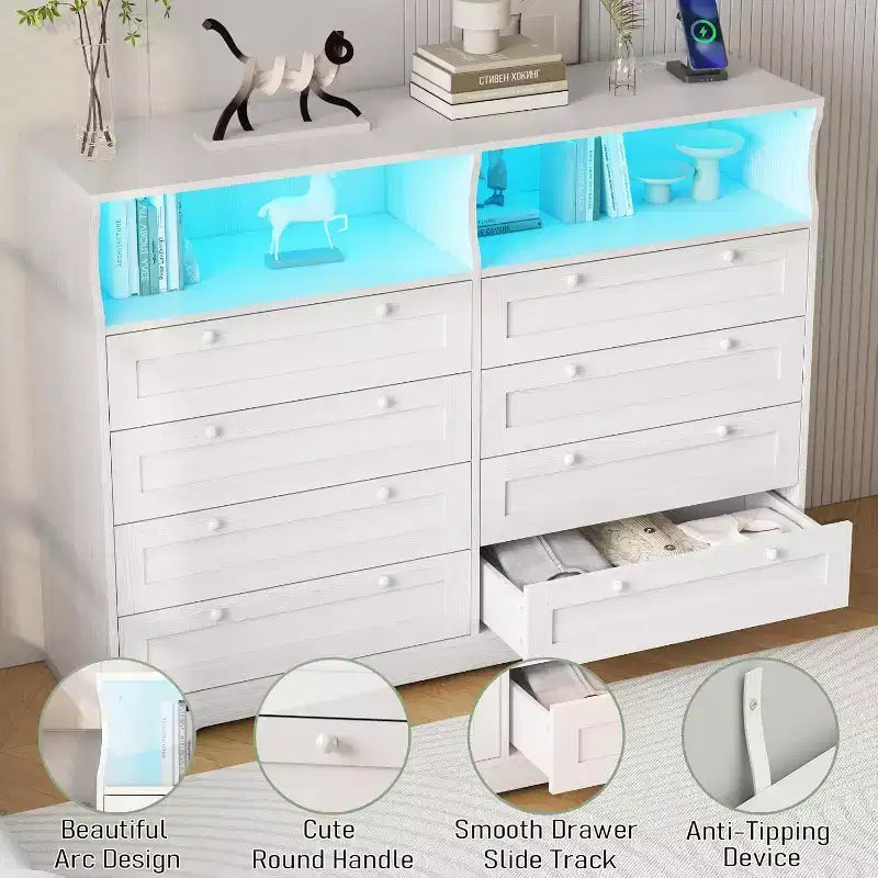 8 Drawer Dresser with Charging Station and LED Lights, Modern Chest of Drawers with Power Outlet, Organizer Cabinet for Bedroom, Living Room 16