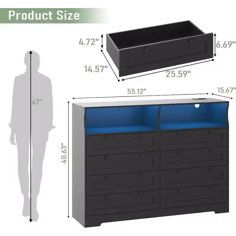 8 Drawer Dresser with Charging Station and LED Lights, Modern Chest of Drawers with Power Outlet, Organizer Cabinet for Bedroom, Living Room