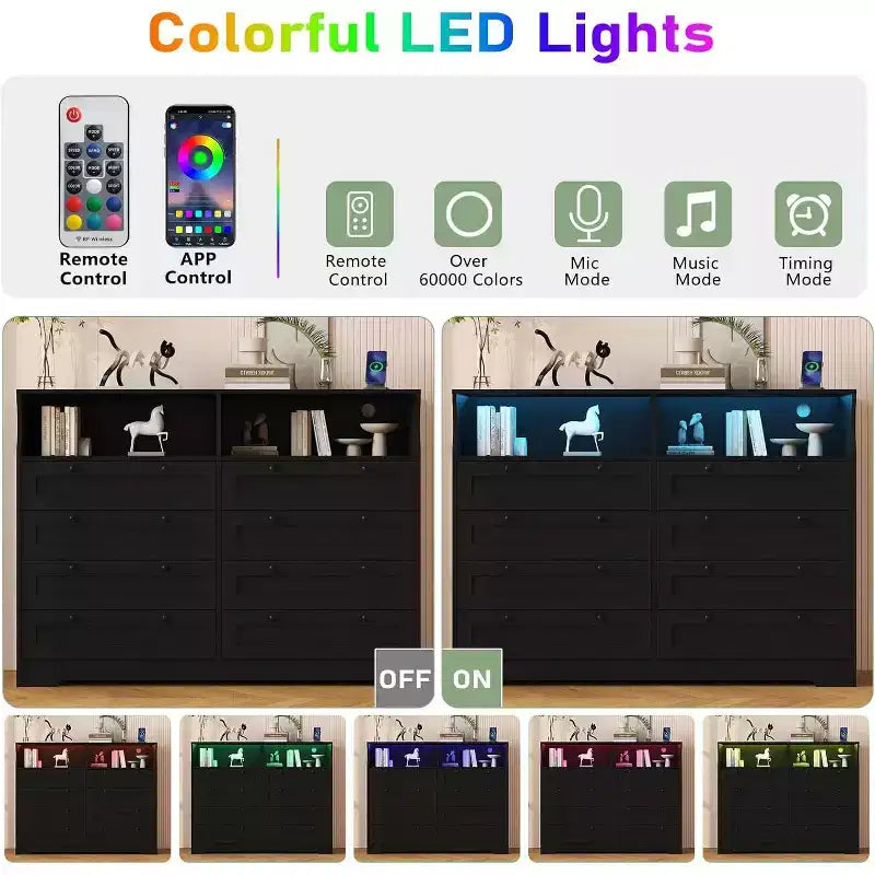 8 Drawer Dresser with Charging Station and LED Lights, Modern Chest of Drawers with Power Outlet, Organizer Cabinet for Bedroom, Living Room 3
