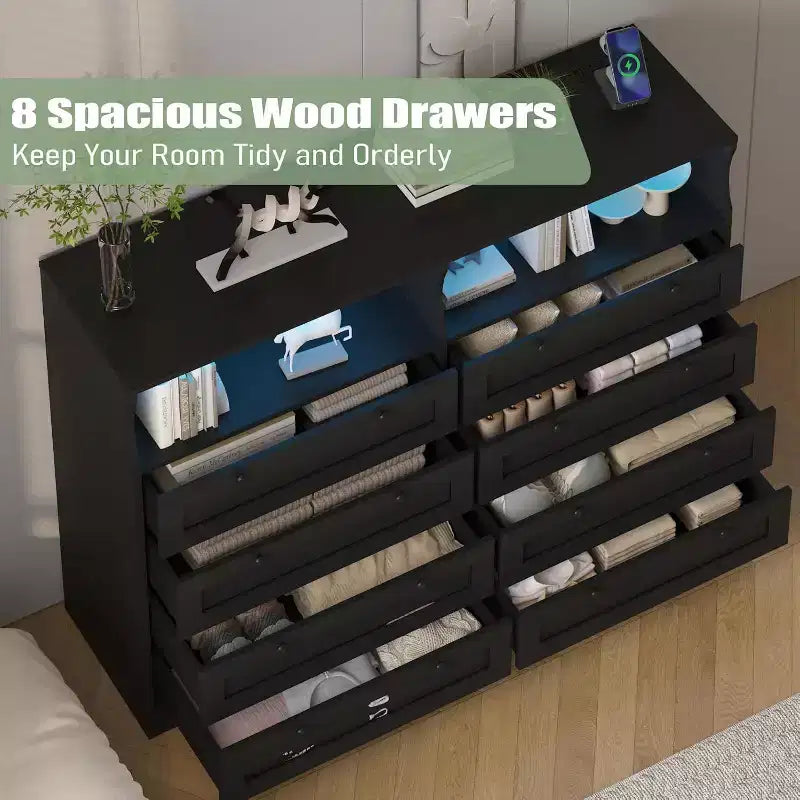 8 Drawer Dresser with Charging Station and LED Lights, Modern Chest of Drawers with Power Outlet, Organizer Cabinet for Bedroom, Living Room 4