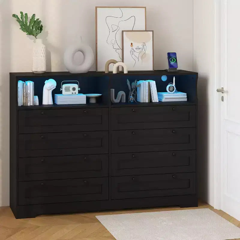8 Drawer Dresser with Charging Station and LED Lights, Modern Chest of Drawers with Power Outlet, Organizer Cabinet for Bedroom, Living Room 5