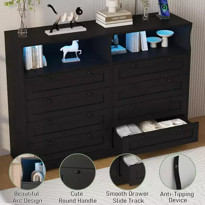 8 Drawer Dresser with Charging Station and LED Lights, Modern Chest of Drawers with Power Outlet, Organizer Cabinet for Bedroom, Living Room 8