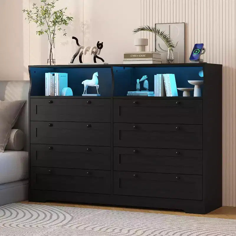 8 Drawer Dresser with Charging Station and LED Lights, Modern Chest of Drawers with Power Outlet, Organizer Cabinet for Bedroom, Living Room 9
