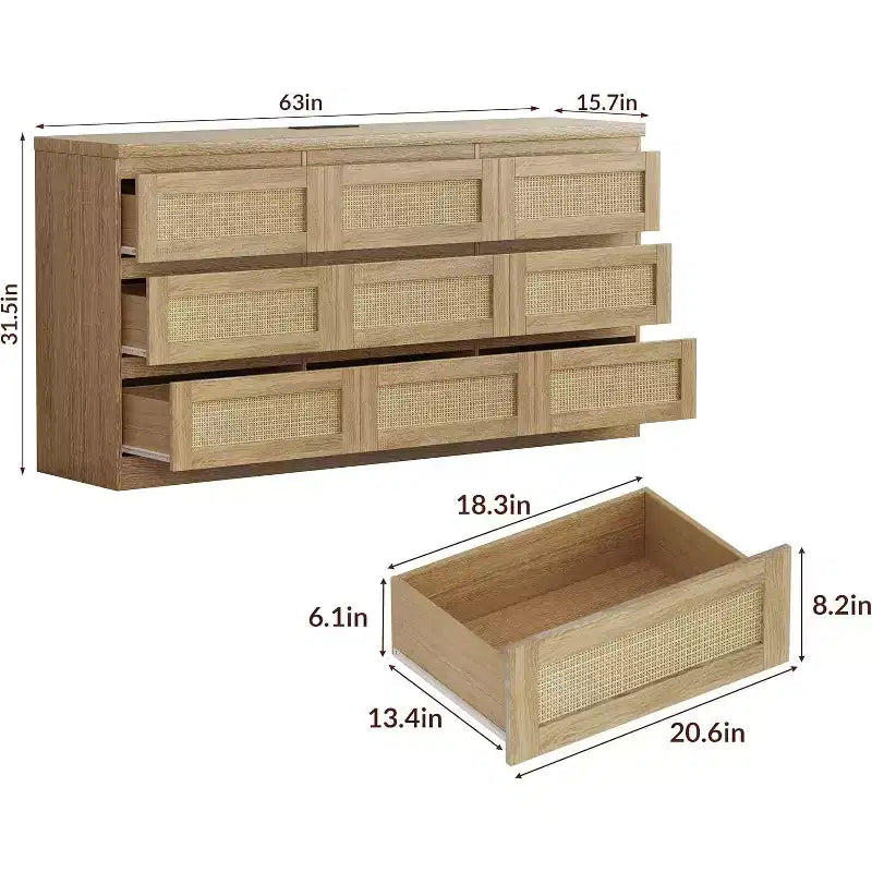 9 Drawer Dresser for Bedroom,63 Inch Long Dressers & Rattan Chest of Drawers,Boho Style,Modern Dresser for,Living Room,Entryway,Bedroom 10