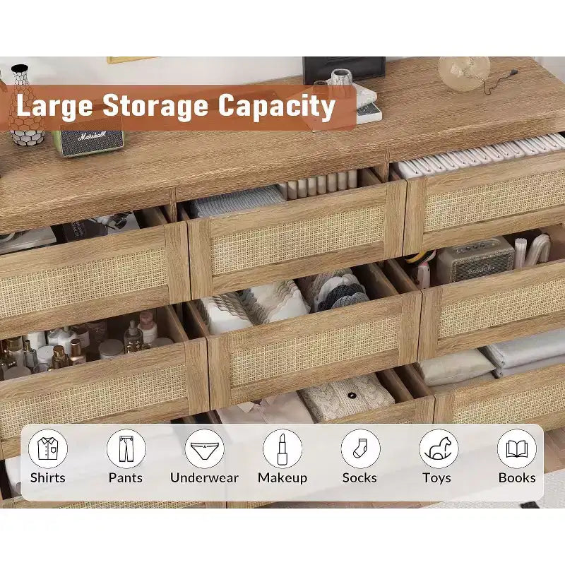 9 Drawer Dresser for Bedroom,63 Inch Long Dressers & Rattan Chest of Drawers,Boho Style,Modern Dresser for,Living Room,Entryway,Bedroom 13