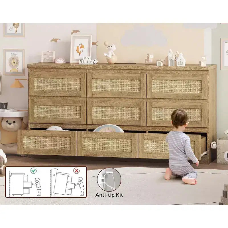 9 Drawer Dresser for Bedroom,63 Inch Long Dressers & Rattan Chest of Drawers,Boho Style,Modern Dresser for,Living Room,Entryway,Bedroom 14