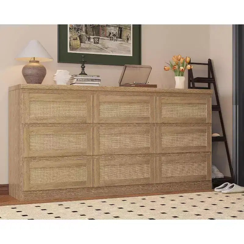 9 Drawer Dresser for Bedroom,63 Inch Long Dressers & Rattan Chest of Drawers,Boho Style,Modern Dresser for,Living Room,Entryway,Bedroom 15