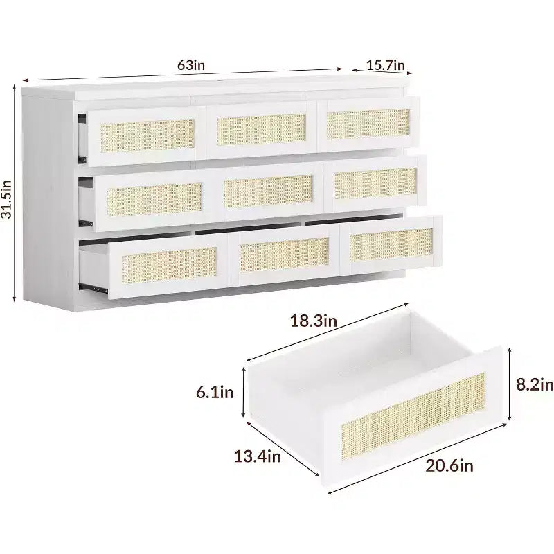 9 Drawer Dresser for Bedroom,63 Inch Long Dressers & Rattan Chest of Drawers,Boho Style,Modern Dresser for,Living Room,Entryway,Bedroom 18