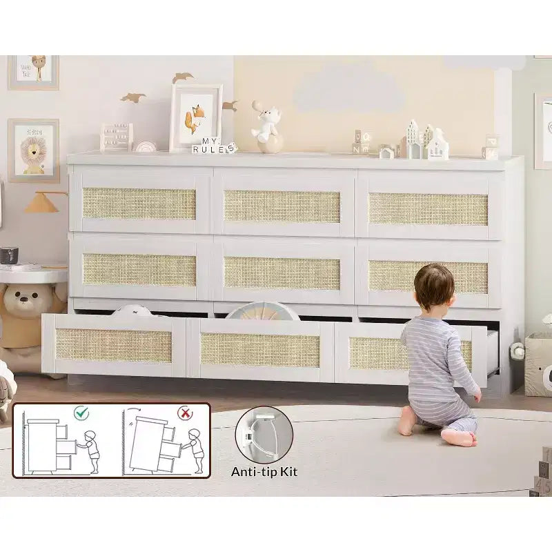 9 Drawer Dresser for Bedroom,63 Inch Long Dressers & Rattan Chest of Drawers,Boho Style,Modern Dresser for,Living Room,Entryway,Bedroom 22