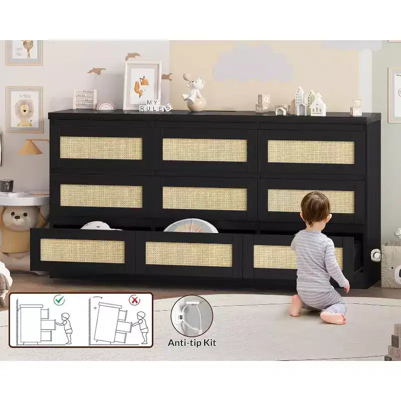 9 Drawer Dresser for Bedroom,63 Inch Long Dressers & Rattan Chest of Drawers,Boho Style,Modern Dresser for,Living Room,Entryway,Bedroom 8