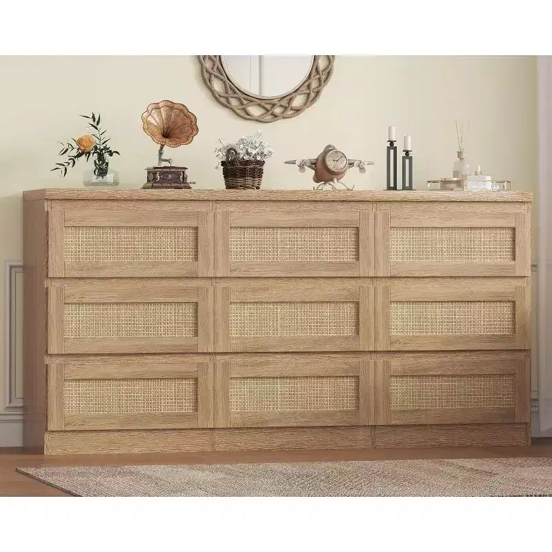 9 Drawer Dresser for Bedroom,63 Inch Long Dressers & Rattan Chest of Drawers,Boho Style,Modern Dresser for,Living Room,Entryway,Bedroom 9