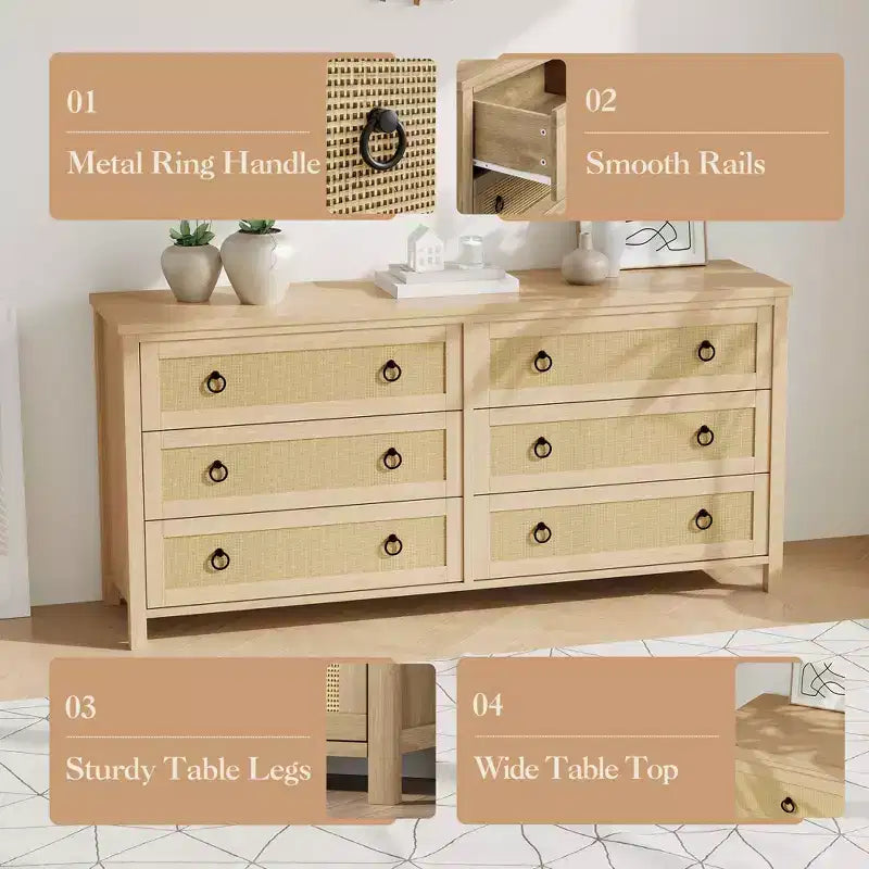 7 Drawer Rattan Dresser,Boho Dresser for Bedroom,Chest of Drawers,Closet Organizer,Natural Wood Dressers Chest for Bedroom,Living Room,Entryway 11