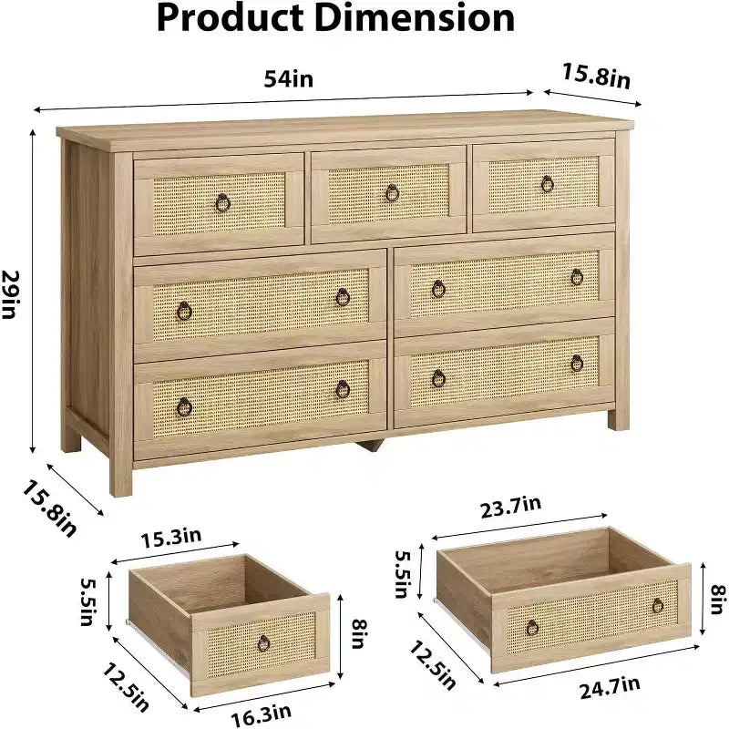 7 Drawer Rattan Dresser,Boho Dresser for Bedroom,Chest of Drawers,Closet Organizer,Natural Wood Dressers Chest for Bedroom,Living Room,Entryway 16