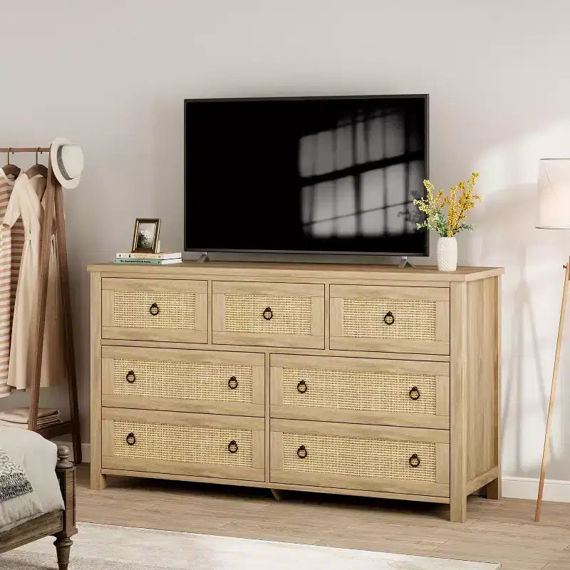 7 Drawer Rattan Dresser,Boho Dresser for Bedroom,Chest of Drawers,Closet Organizer,Natural Wood Dressers Chest for Bedroom,Living Room,Entryway 20