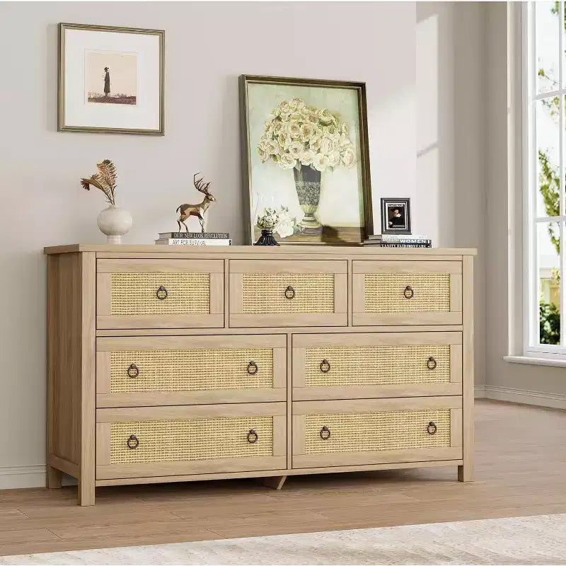 7 Drawer Rattan Dresser,Boho Dresser for Bedroom,Chest of Drawers,Closet Organizer,Natural Wood Dressers Chest for Bedroom,Living Room,Entryway 15
