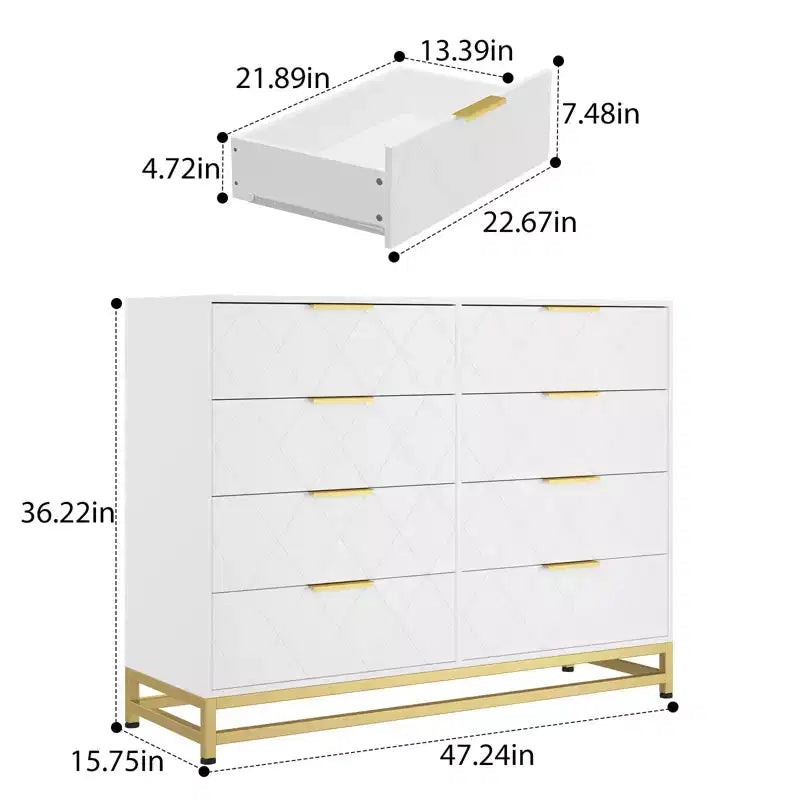 8 Drawer Dresser for Bedroom, Wooden Dresser with Metal Handles and 8 Drawers, Wood Chest of Drawers for Home Storage and Organization