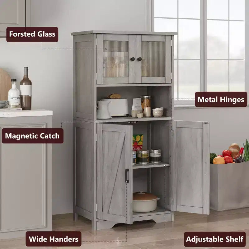 50 Tall Kitchen Cabinet with Glass Doors and Adjustable Shelves for Kitchen, Pantry, Living Room, White