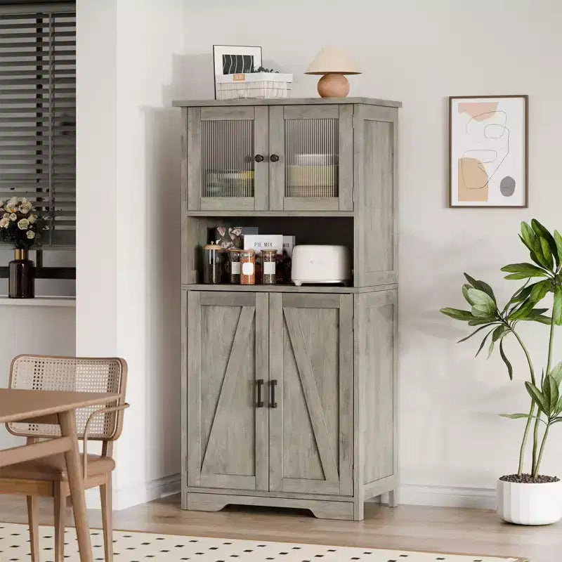 50 Tall Kitchen Cabinet with Glass Doors and Adjustable Shelves for Kitchen, Pantry, Living Room, White