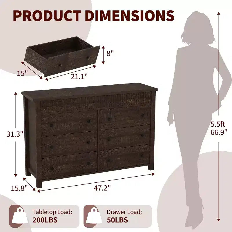 6-Drawer Dresser & TV Stand with Fluted Detailing, Wooden Storage Organizer for Bedroom, Living Room, or Hallway 10