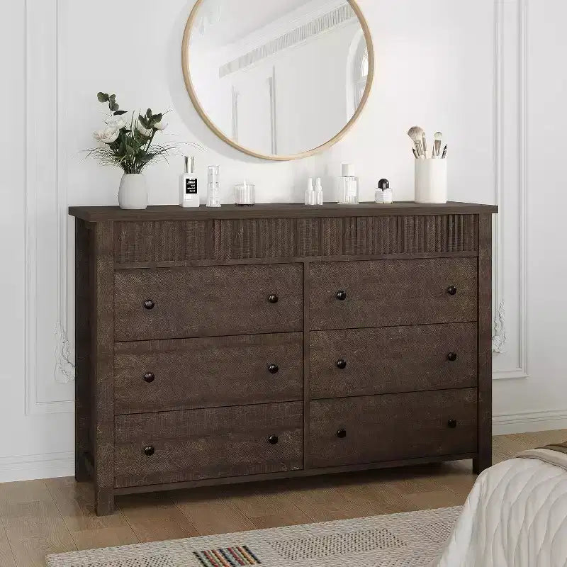 6-Drawer Dresser & TV Stand with Fluted Detailing, Wooden Storage Organizer for Bedroom, Living Room, or Hallway
