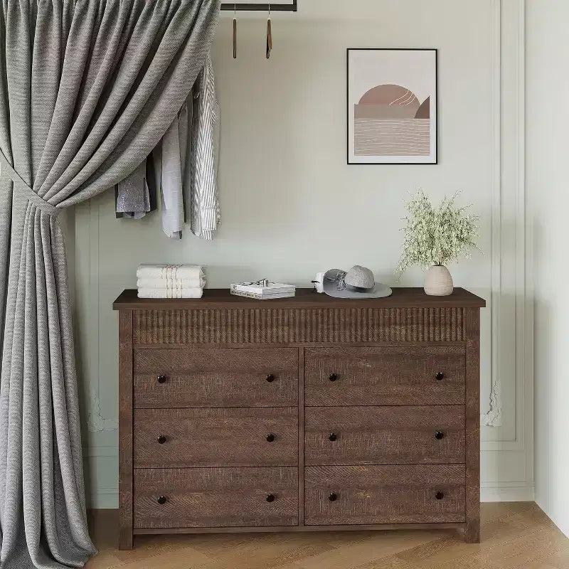 6-Drawer Dresser & TV Stand with Fluted Detailing, Wooden Storage Organizer for Bedroom, Living Room, or Hallway 3