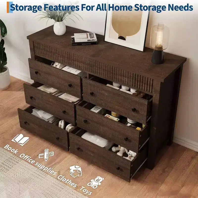 6-Drawer Dresser & TV Stand with Fluted Detailing, Wooden Storage Organizer for Bedroom, Living Room, or Hallway 6