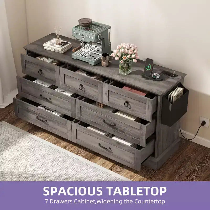59inche Wide Farmhouse 7 Drawers Dresser Wood Rustic Drawers with Nice Texture Vintage Design Storage Dressers Organizer 12