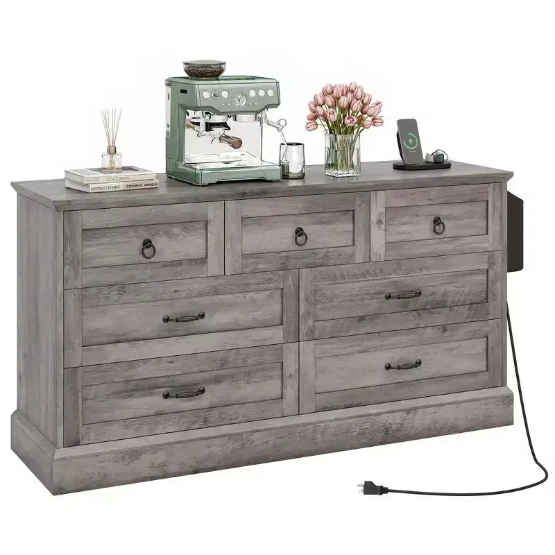 59inche Wide Farmhouse 7 Drawers Dresser Wood Rustic Drawers with Nice Texture Vintage Design Storage Dressers Organizer 13