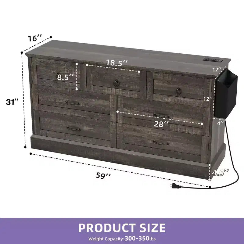 59inche Wide Farmhouse 7 Drawers Dresser Wood Rustic Drawers with Nice Texture Vintage Design Storage Dressers Organizer