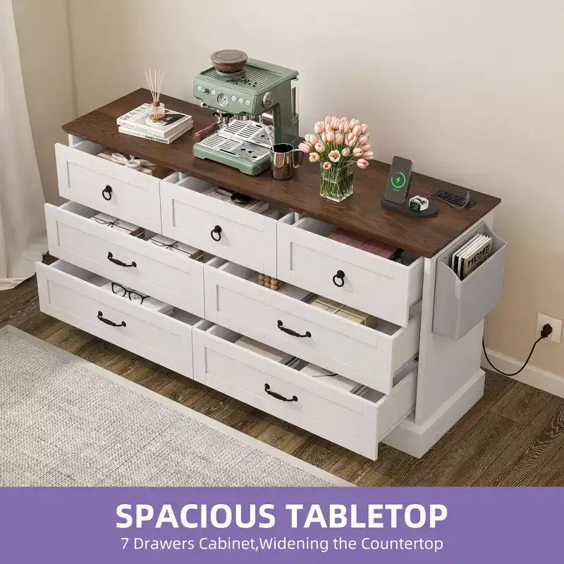 59inche Wide Farmhouse 7 Drawers Dresser Wood Rustic Drawers with Nice Texture Vintage Design Storage Dressers Organizer 20