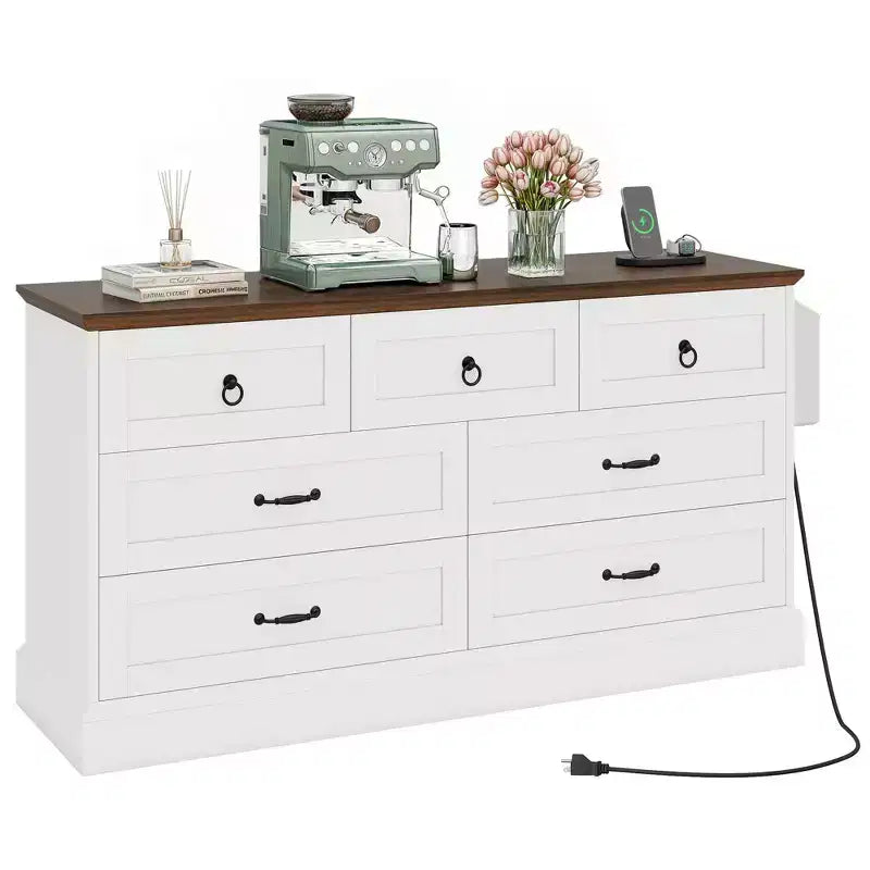 59inche Wide Farmhouse 7 Drawers Dresser Wood Rustic Drawers with Nice Texture Vintage Design Storage Dressers Organizer 21