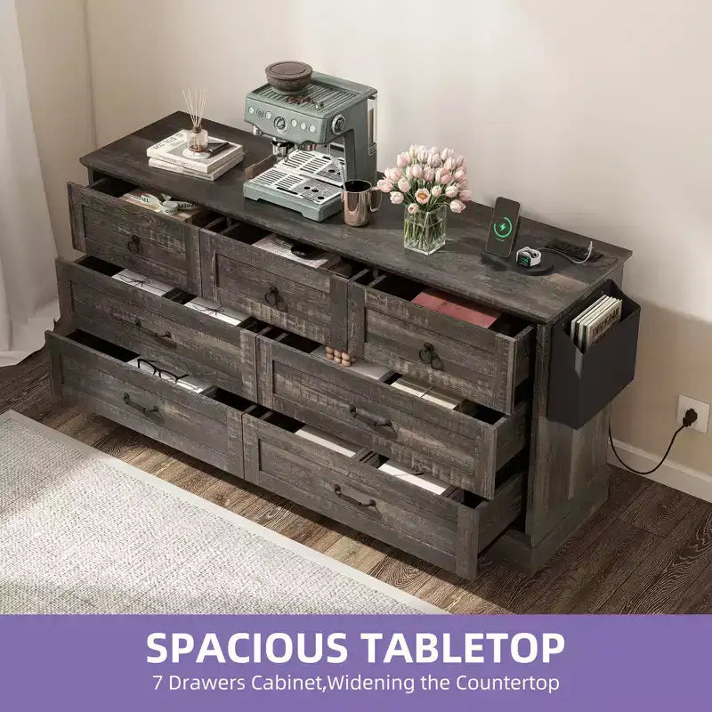 59inche Wide Farmhouse 7 Drawers Dresser Wood Rustic Drawers with Nice Texture Vintage Design Storage Dressers Organizer 5