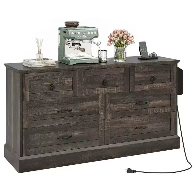 59inche Wide Farmhouse 7 Drawers Dresser Wood Rustic Drawers with Nice Texture Vintage Design Storage Dressers Organizer 6
