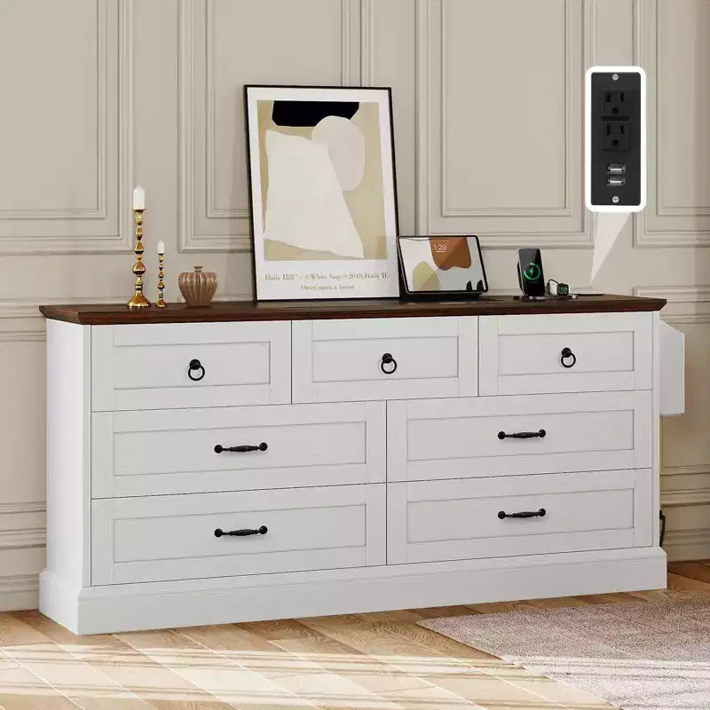 59inche Wide Farmhouse 7 Drawers Dresser Wood Rustic Drawers with Nice Texture Vintage Design Storage Dressers Organizer 16
