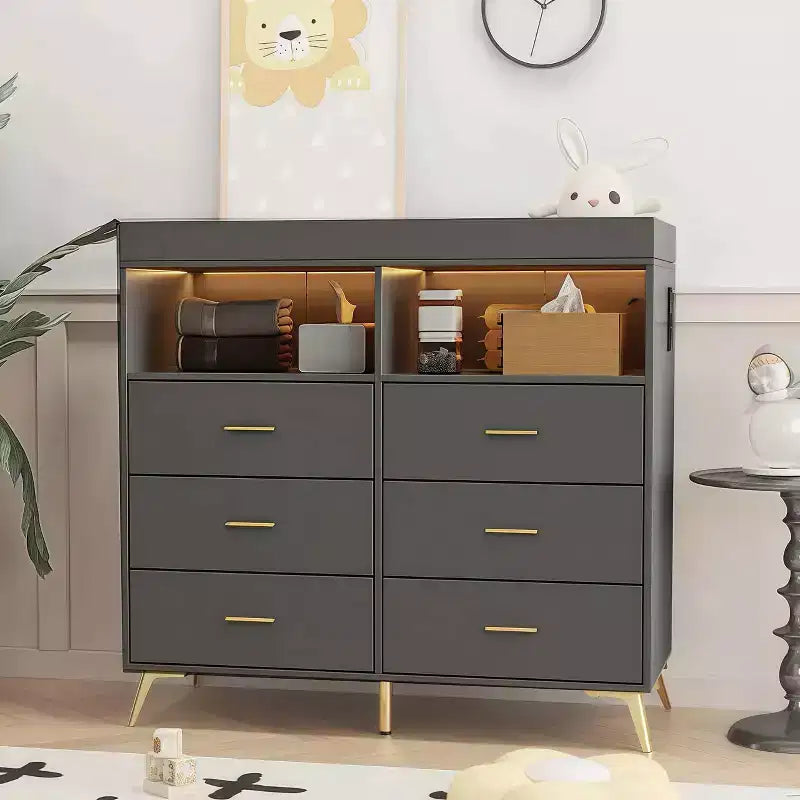 GustoWave Baby Changing Table with Metal Feet, Dresser with 6 Drawers, Diaper Changing Station Nursery Organizer for Infants 12