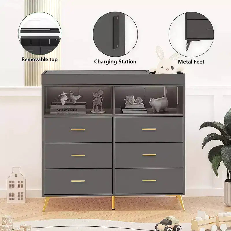 GustoWave Baby Changing Table with Metal Feet, Dresser with 6 Drawers, Diaper Changing Station Nursery Organizer for Infants 15
