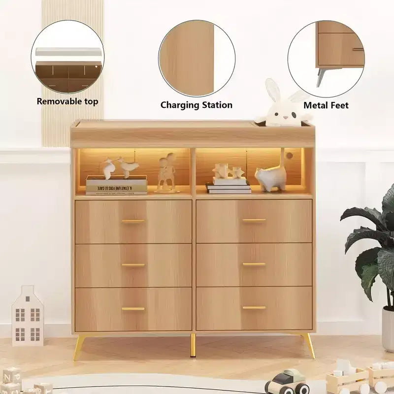 GustoWave Baby Changing Table with Metal Feet, Dresser with 6 Drawers, Diaper Changing Station Nursery Organizer for Infants 22