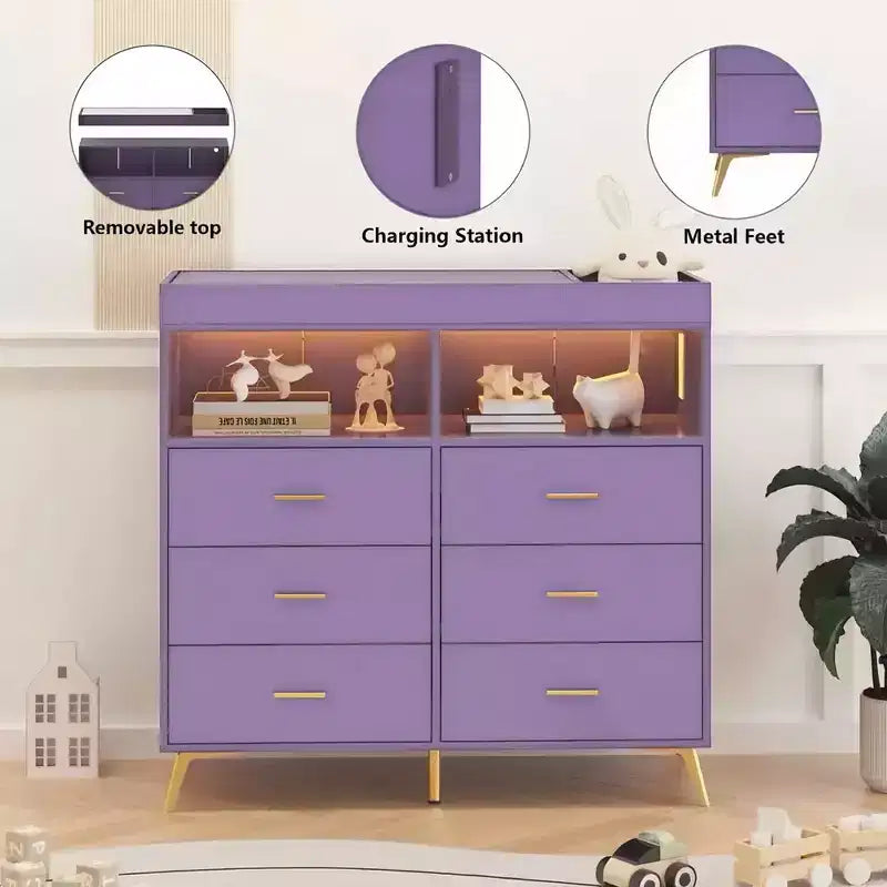 GustoWave Baby Changing Table with Metal Feet, Dresser with 6 Drawers, Diaper Changing Station Nursery Organizer for Infants 30