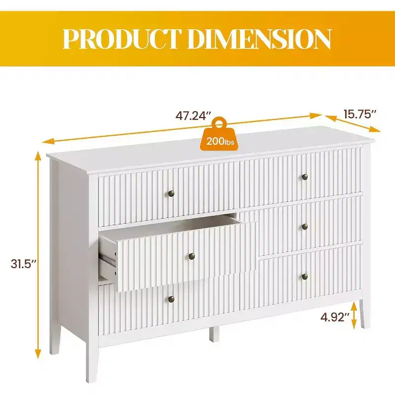 Heynemo Fluted 6 Drawer Dresser, Modern Closet Organizer Dressers, Double Chest of Drawers with Soft Close Drawers, Wood Storage Cabinet, White