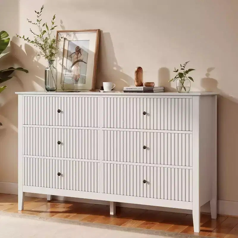 Heynemo Fluted 6 Drawer Dresser, Modern Closet Organizer Dressers, Double Chest of Drawers with Soft Close Drawers, Wood Storage Cabinet, White 3