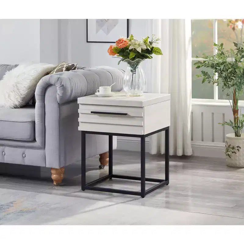 Tavolino rustico Okak con cassetto e gambe in metallo, comodino con piano spesso, tavolino d'appoggio per divano, soggiorno, camera da letto 10