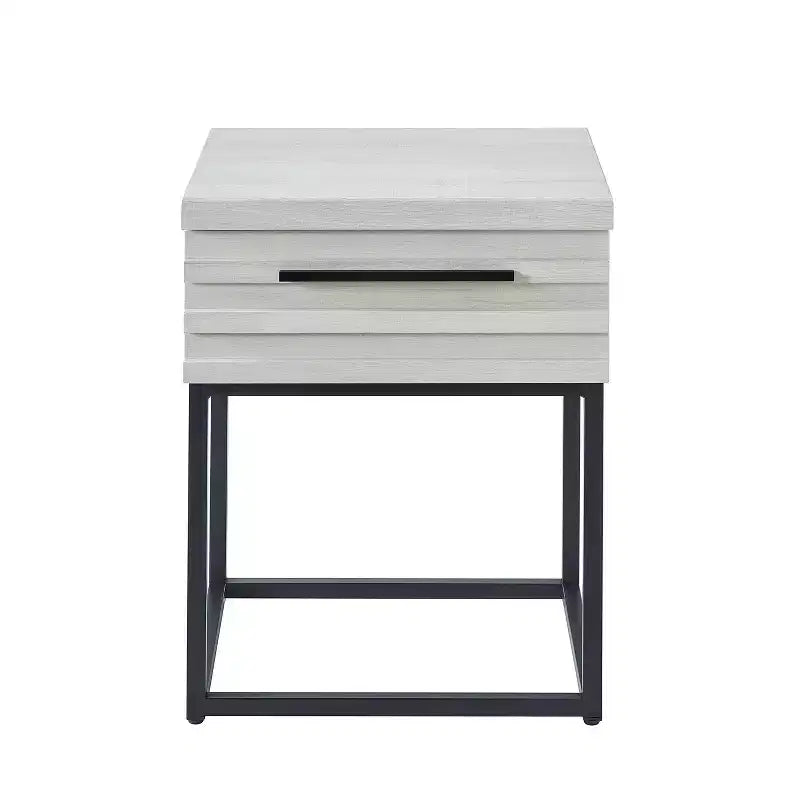 Tavolino rustico Okak con cassetto e gambe in metallo, comodino con piano spesso, tavolino d'appoggio per divano, soggiorno, camera da letto 12